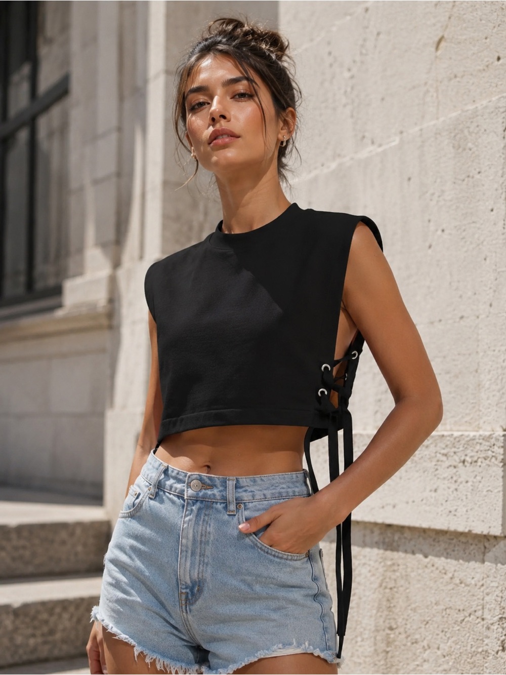 Black Lace-Up Side Crop Top - Women's Sleeveless Tee